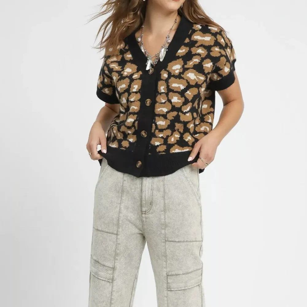 Short Sleeve Button Down Ribbed Knit Cardigan