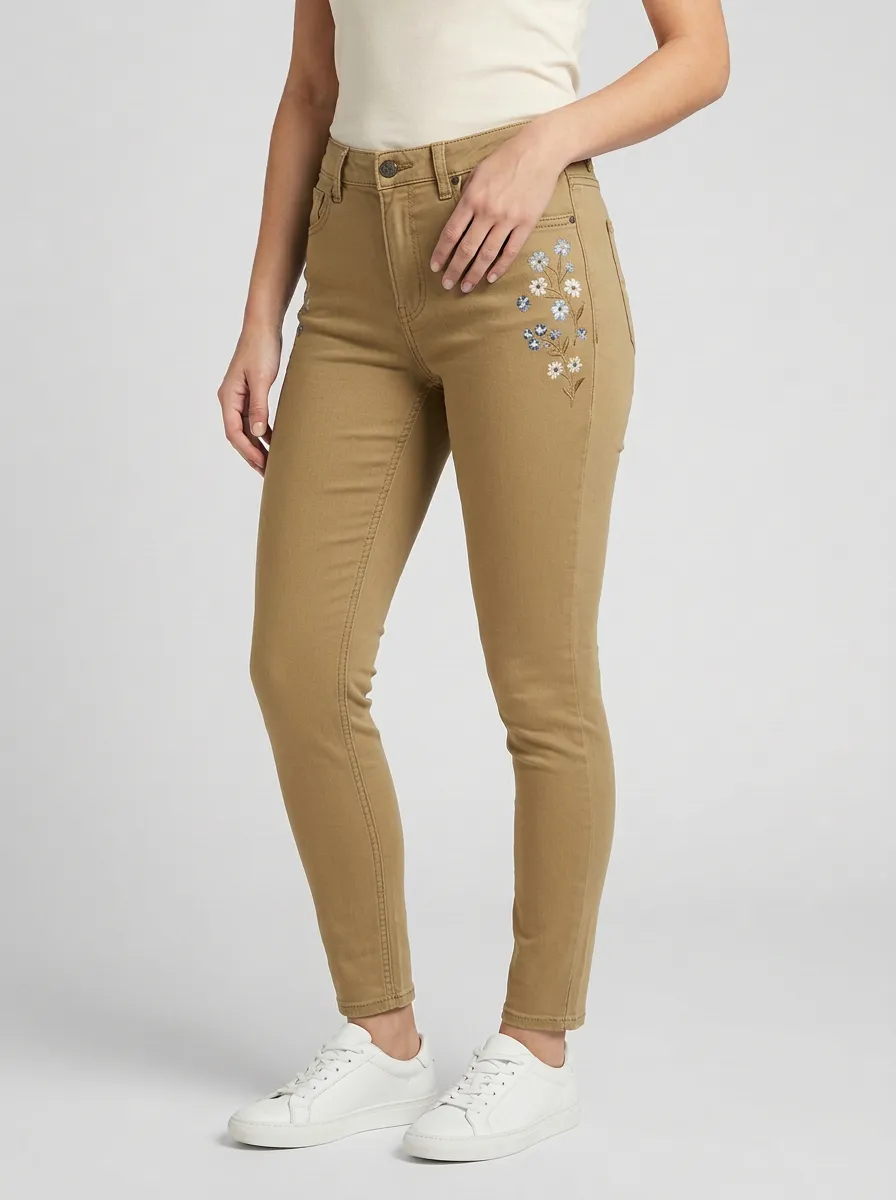 Women's Floral Blue Denim Embroidered Slim-Fit Jeans