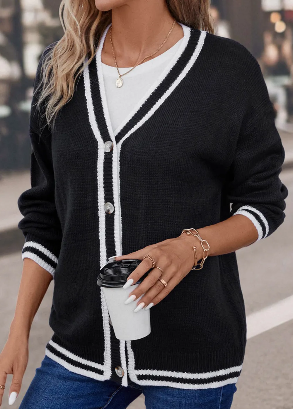 Black Button Long Sleeve V Neck Coat
