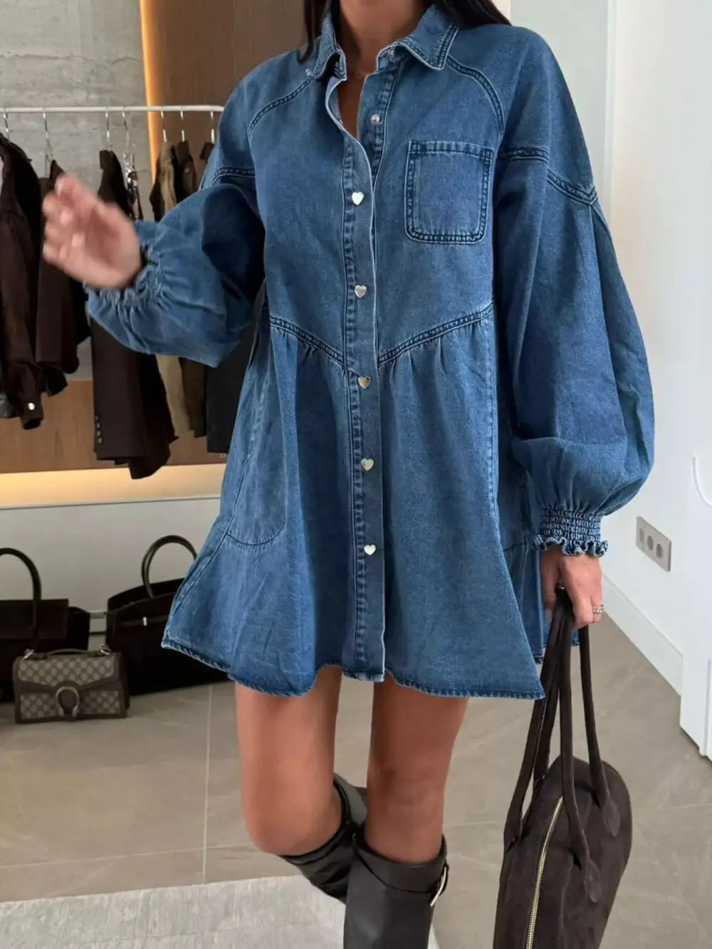 Denim Button Front Pocketed Mini Dress