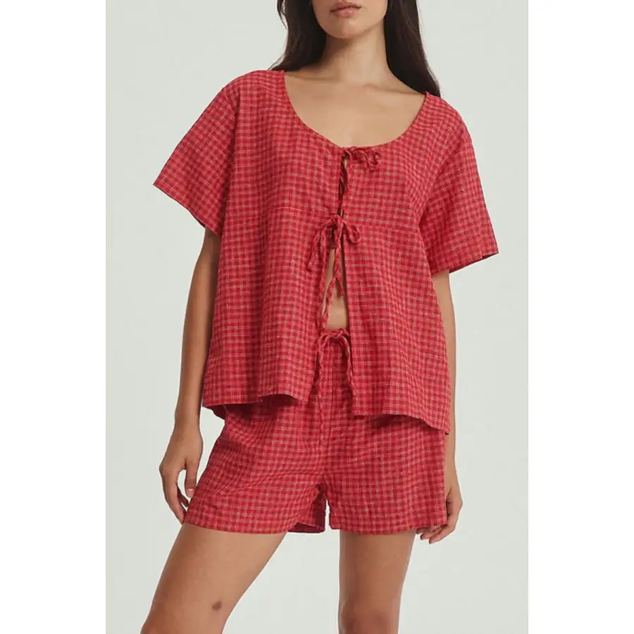 Plaid Tied Scoop Neck Short Sleeve Top and Drawstring Shorts Set
