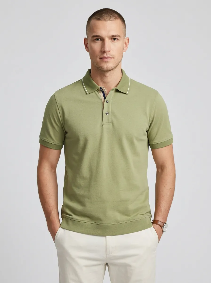 Men's Olive Green Contrast Trim Casual Polo Shirt