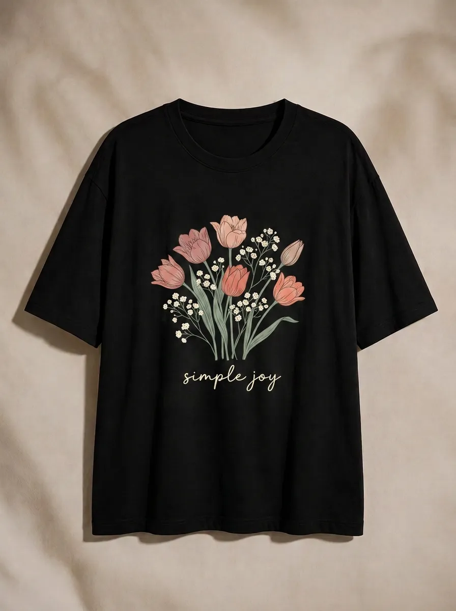 Women's Floral Lover Simple Joy Tulip Bouquet Printed T-shirt