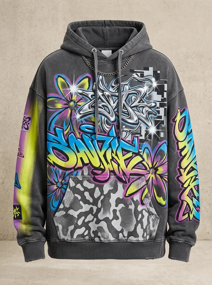 Unisex Streetwear Graffiti Flower Camo Graphic Hoodie