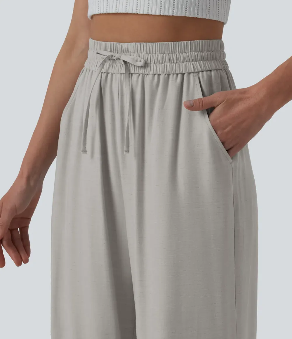 2026🔥High Waisted Drawstring Wide Leg Casual Linen-Blend Trousers with Pockets