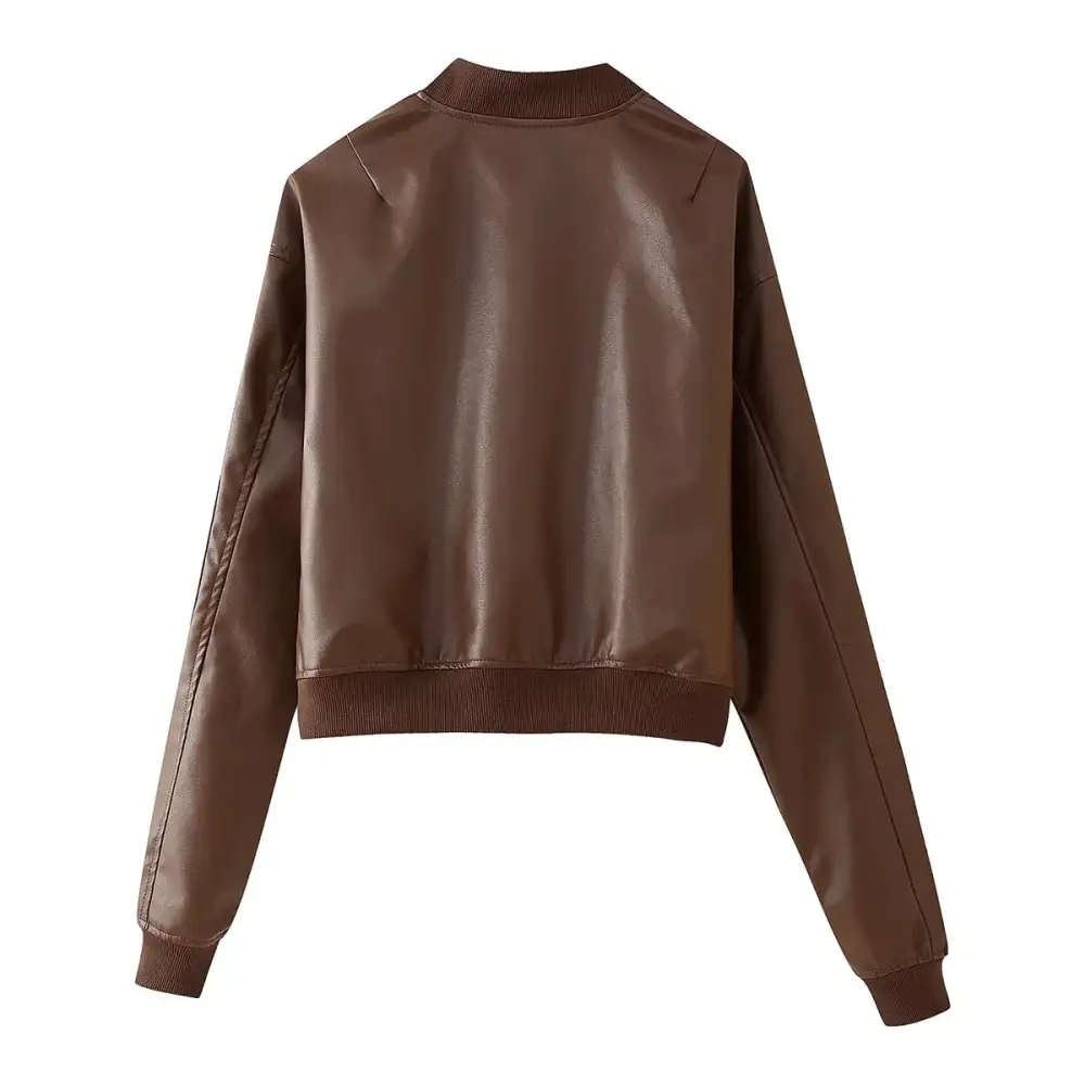 Tailored Faux Leather Zip Front Ribbed Trim Bomber Jacket