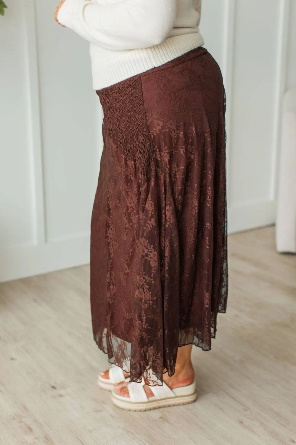 Smocked Floral Lace Midi Skirt
