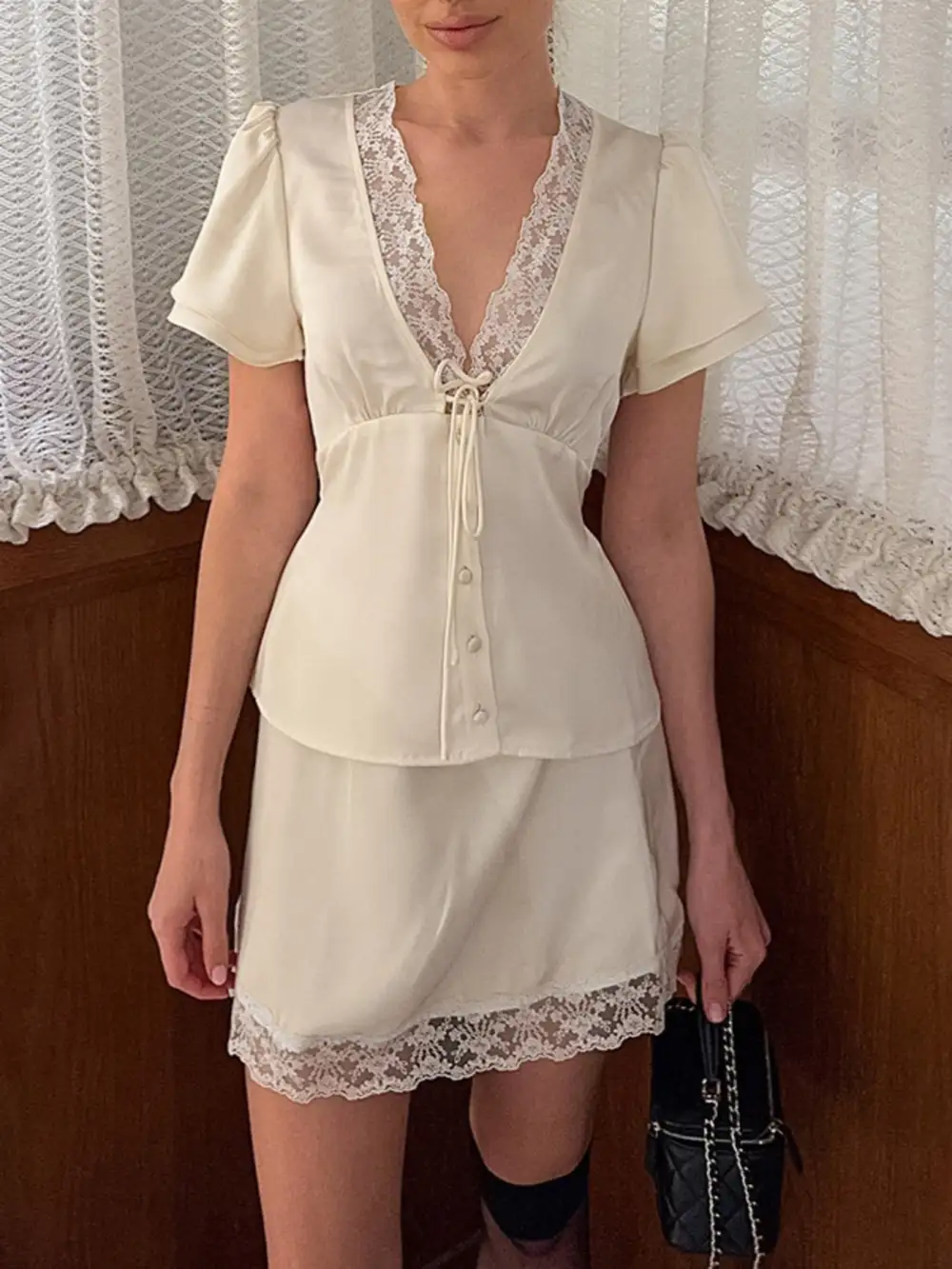 Lace Trimmed Top and Skirt Two Piece Set