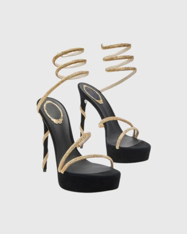 Rhinestone Embellished Snake Platform Sandals in Black