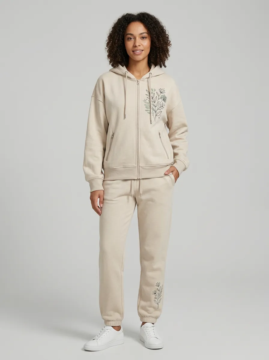 Women's Beige Floral Line Art Graphic Zip-Up Hoodie Jacket & Jogger Set