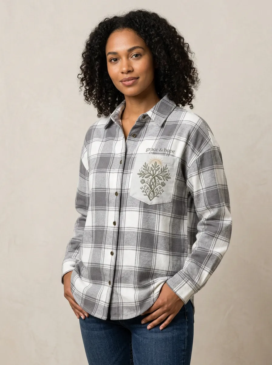 Women's Christian Faith Grace & Hope Floral Tree Printed Plaid Shirt