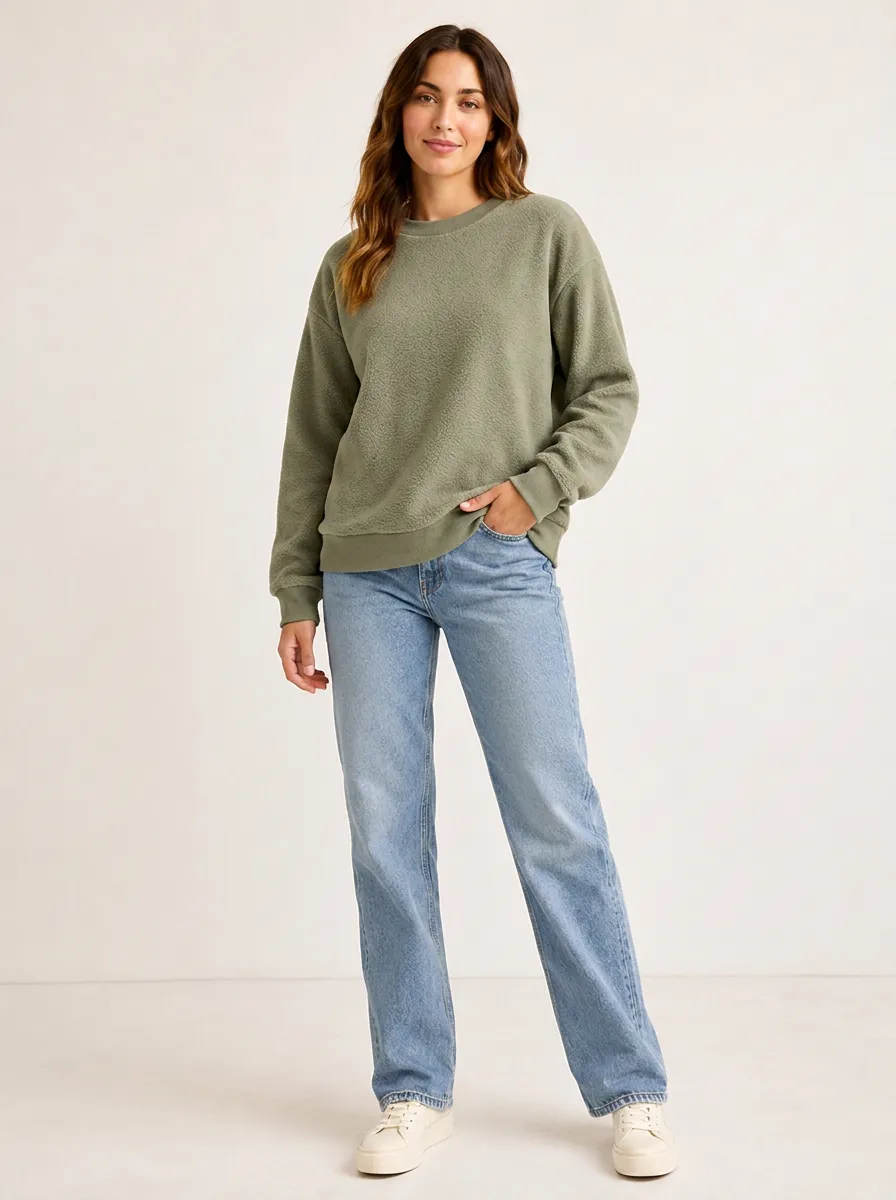 Women's Casual Minimalist Olive Green Fleece Crewneck Sweatshirt
