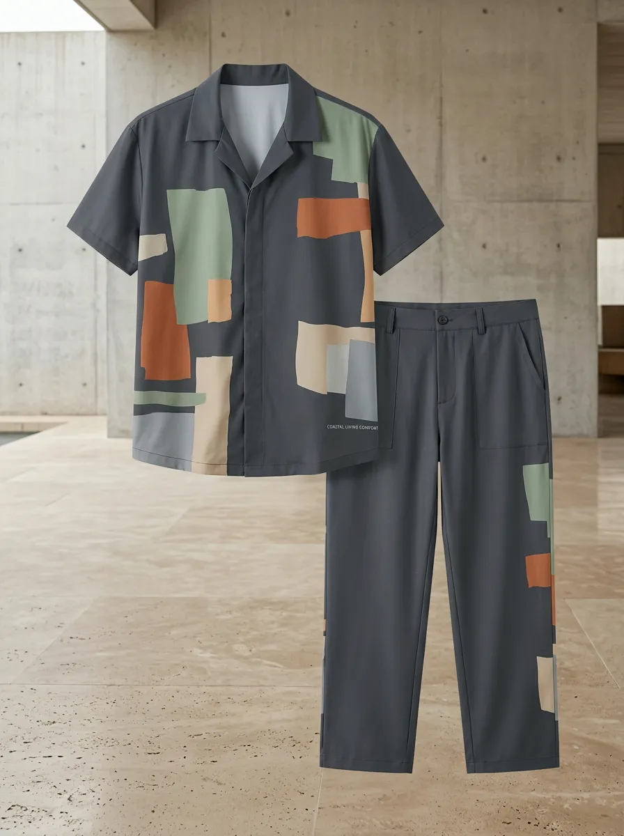 Men's Abstract Geometric Pattern Printed Casual Set