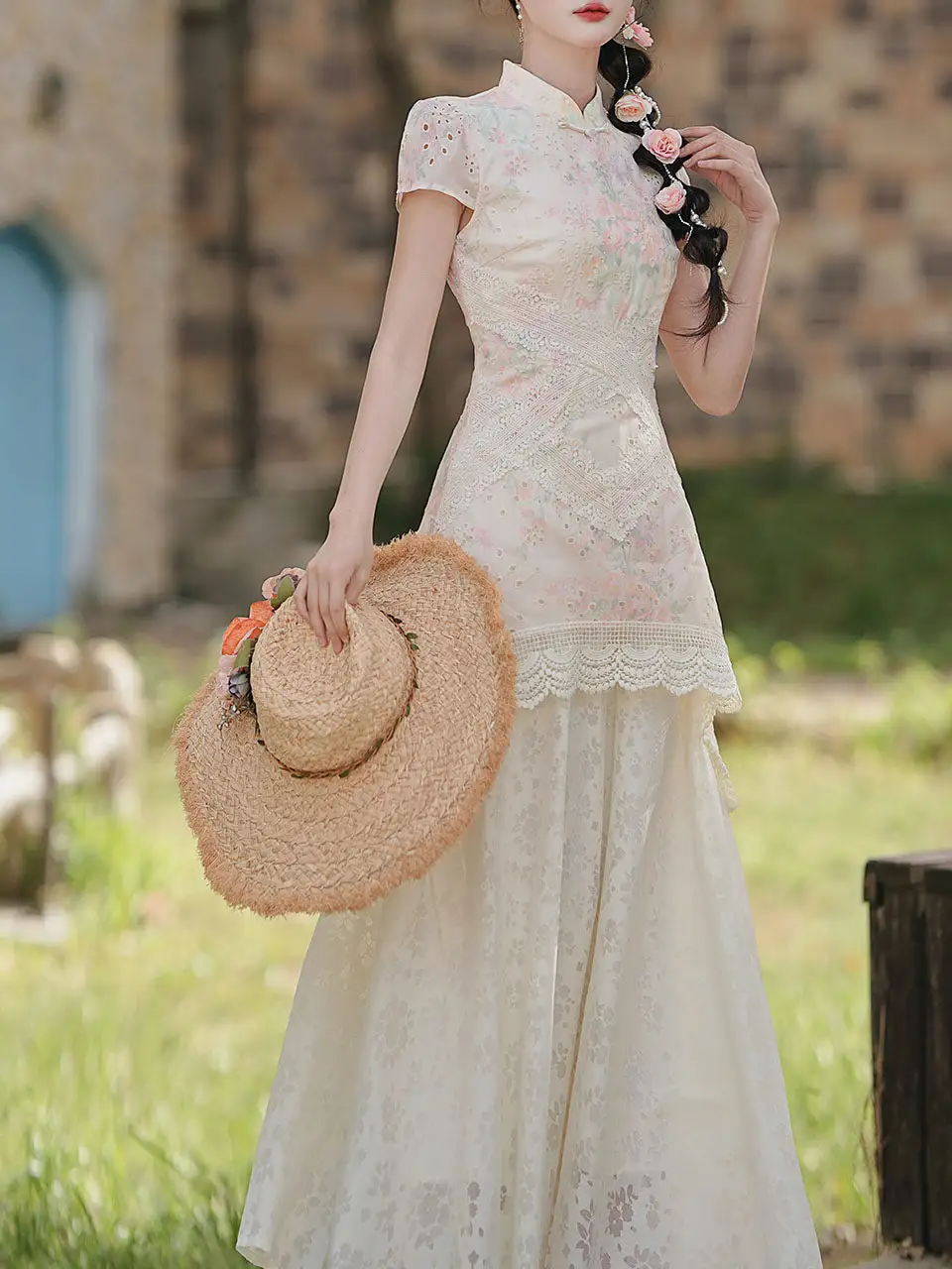 Floral Lace Cheongsam Cheongsam Maxi Dress