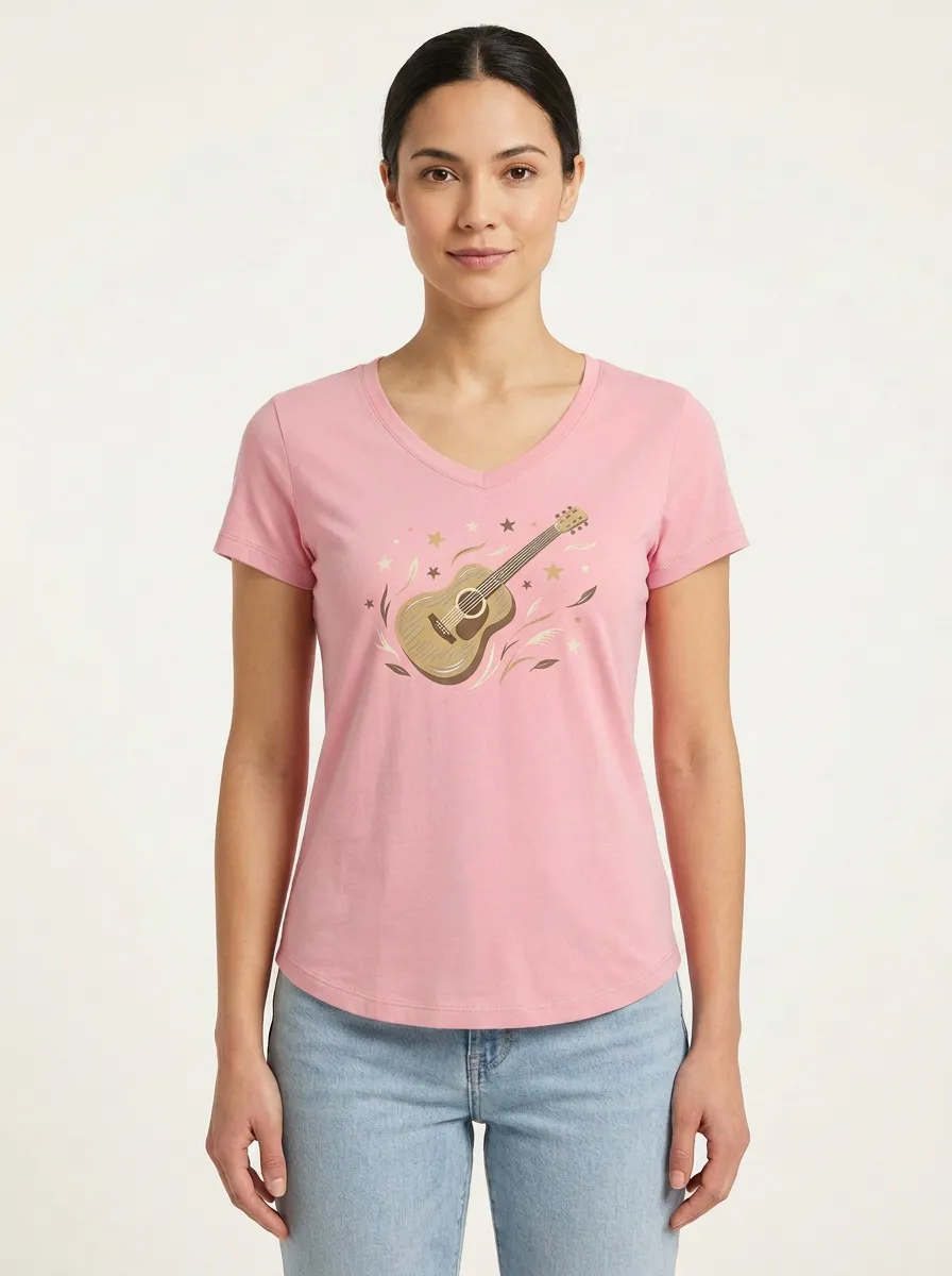 Women's Acoustic Guitar & Stars Graphic V-Neck T-Shirt