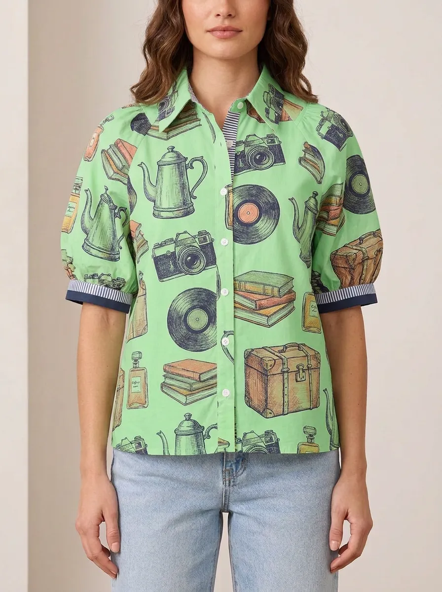 Women's Vintage Hobby Lover Camera Book Vinyl Printed Shirt