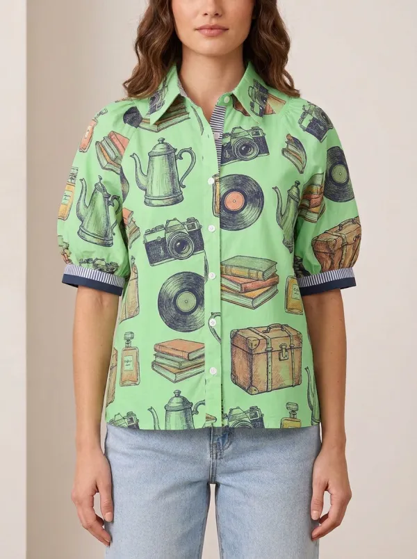 Women's Vintage Hobby Lover Camera Book Vinyl Printed Shirt