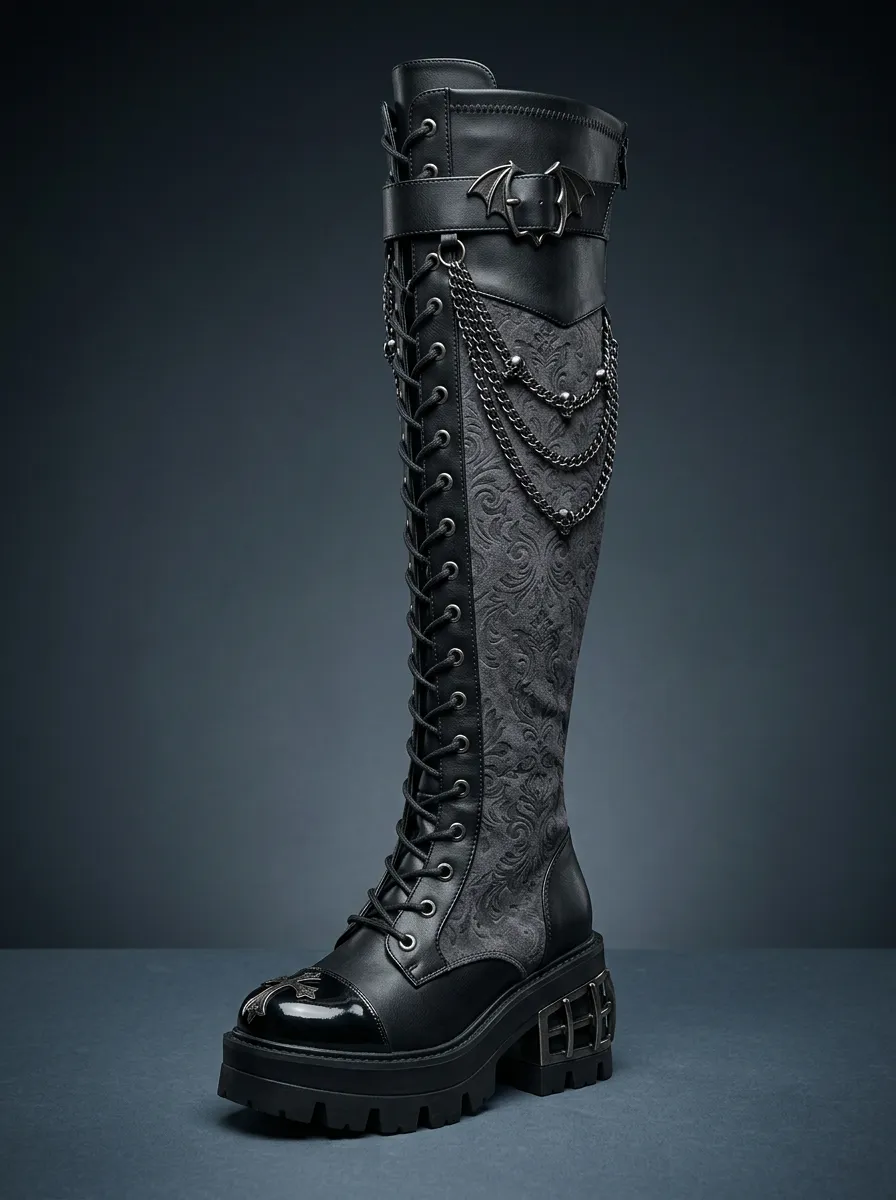 Ritual-Inspired Bat Damask Chain Darkwear Style Women's Gothic Platform Boots