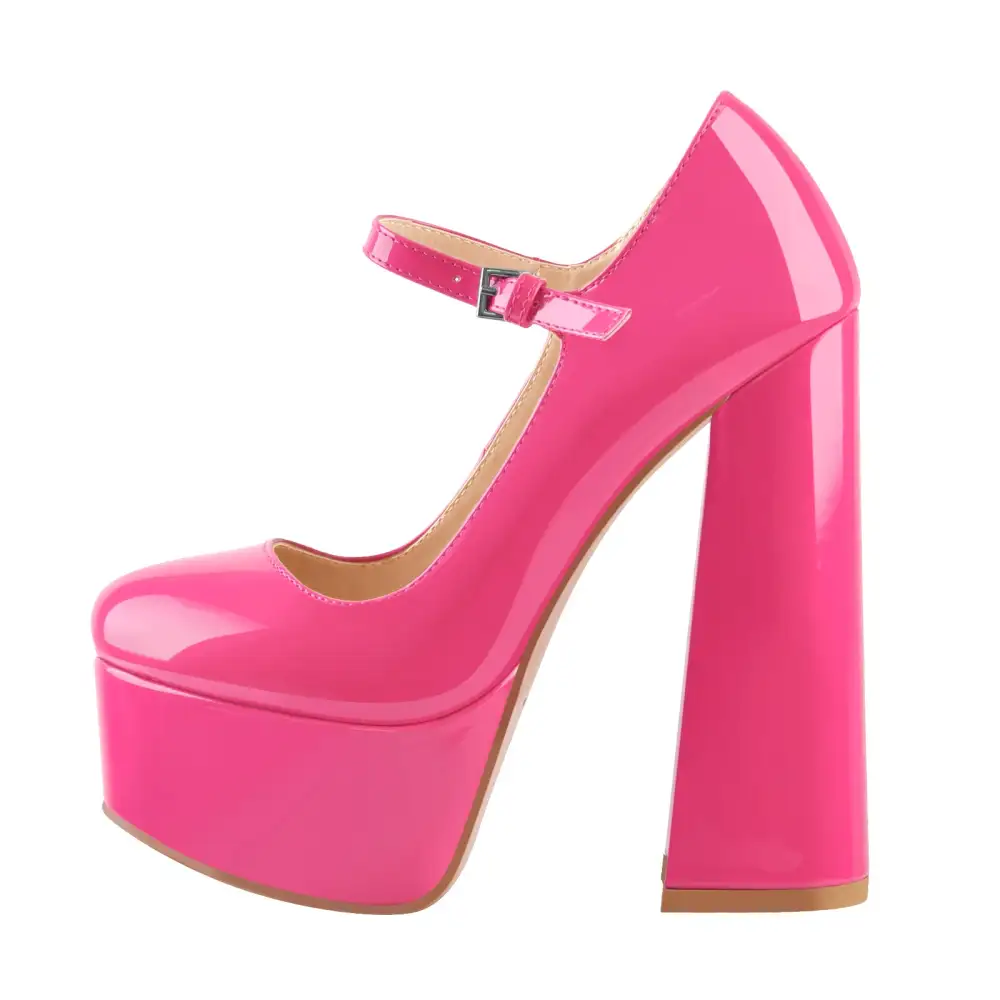 Patent Finish Pointed Toe Platform Chunky Heel Pumps