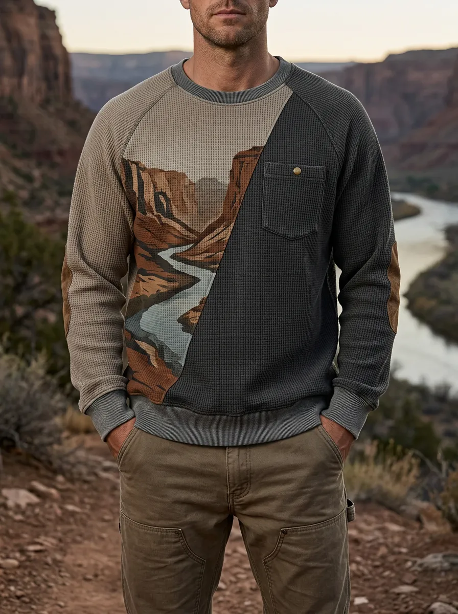Men's Multi-Tone Landscape Graphic Textured Waffle Knit Crewneck Sweatshirt