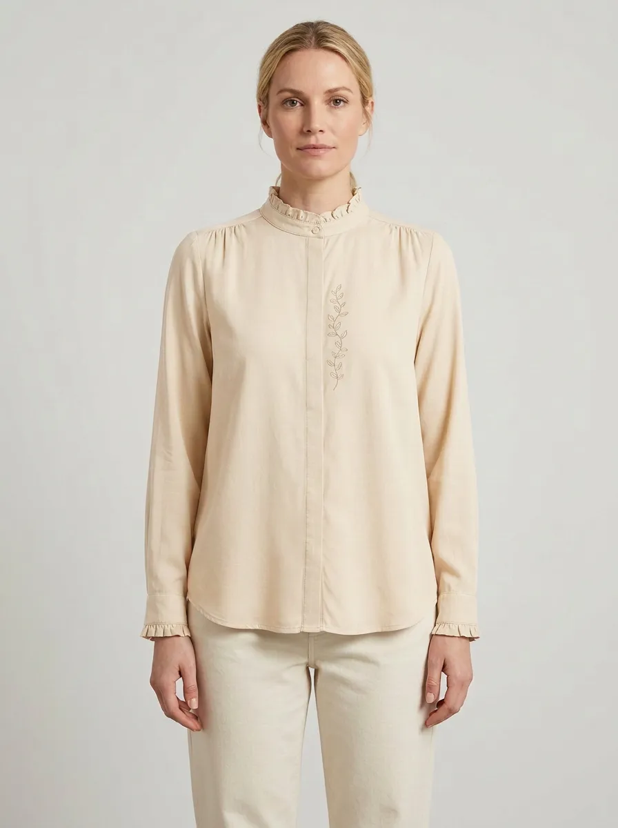Women's Vine-Embroidered Ruffle-Collar Concealed-Placket Shirt