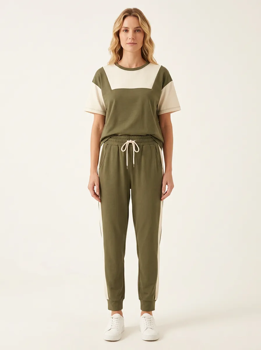 Women's Colorblock Side-Stripe Crewneck T-Shirt and Joggers Set