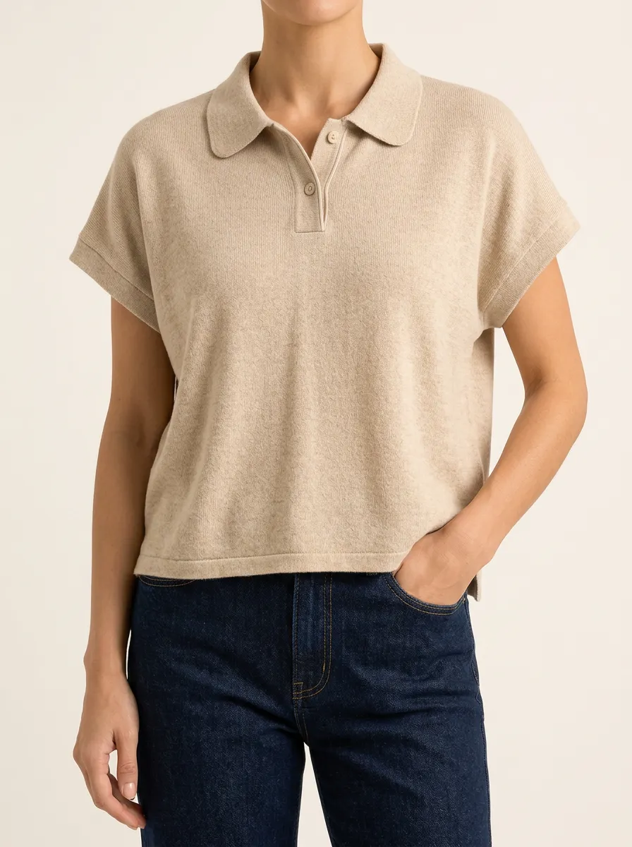 Women's Beige Short Sleeve Knit Polo for Casual Dressing