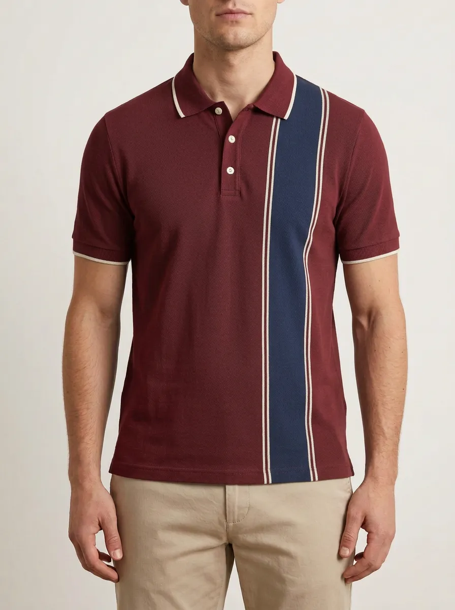 Men's Vintage Blue Left Panel Vertical Stripe Polo Shirt