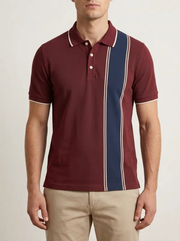 Men's Vintage Blue Left Panel Vertical Stripe Polo Shirt
