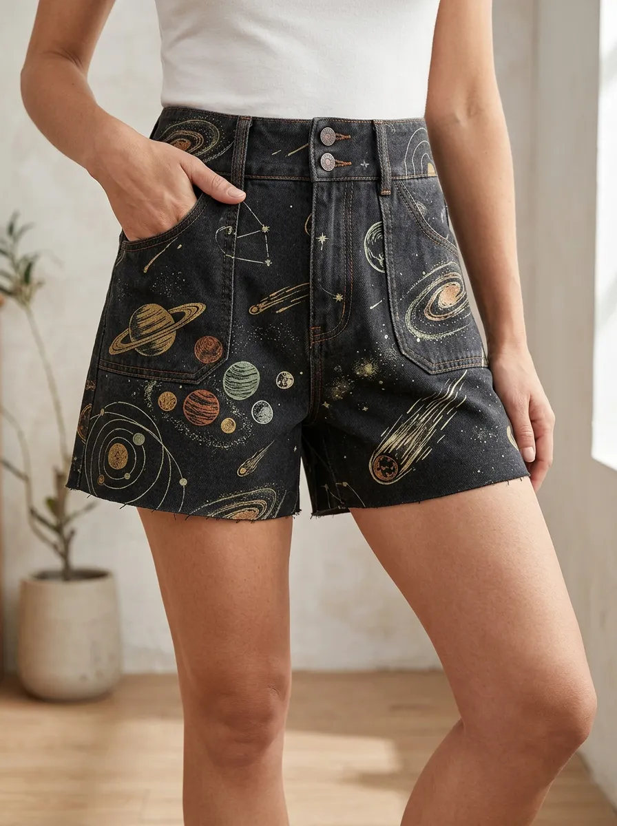 Women's Everyday Astronomy Lover Solar System Printed Denim Shorts