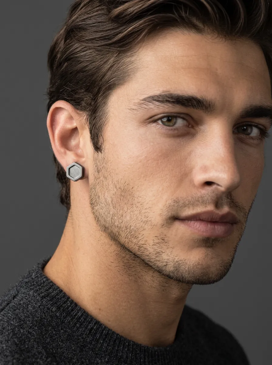 Men's Minimalist Geometric Hexagon Matte Finish Metal Stud Earrings
