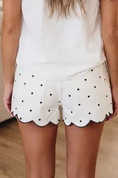 Polka Dot Print Embroidered Scallop Hem Shorts