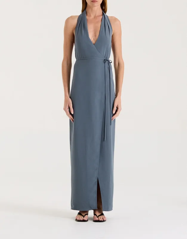 Slate Halter Wrap Maxi Dress