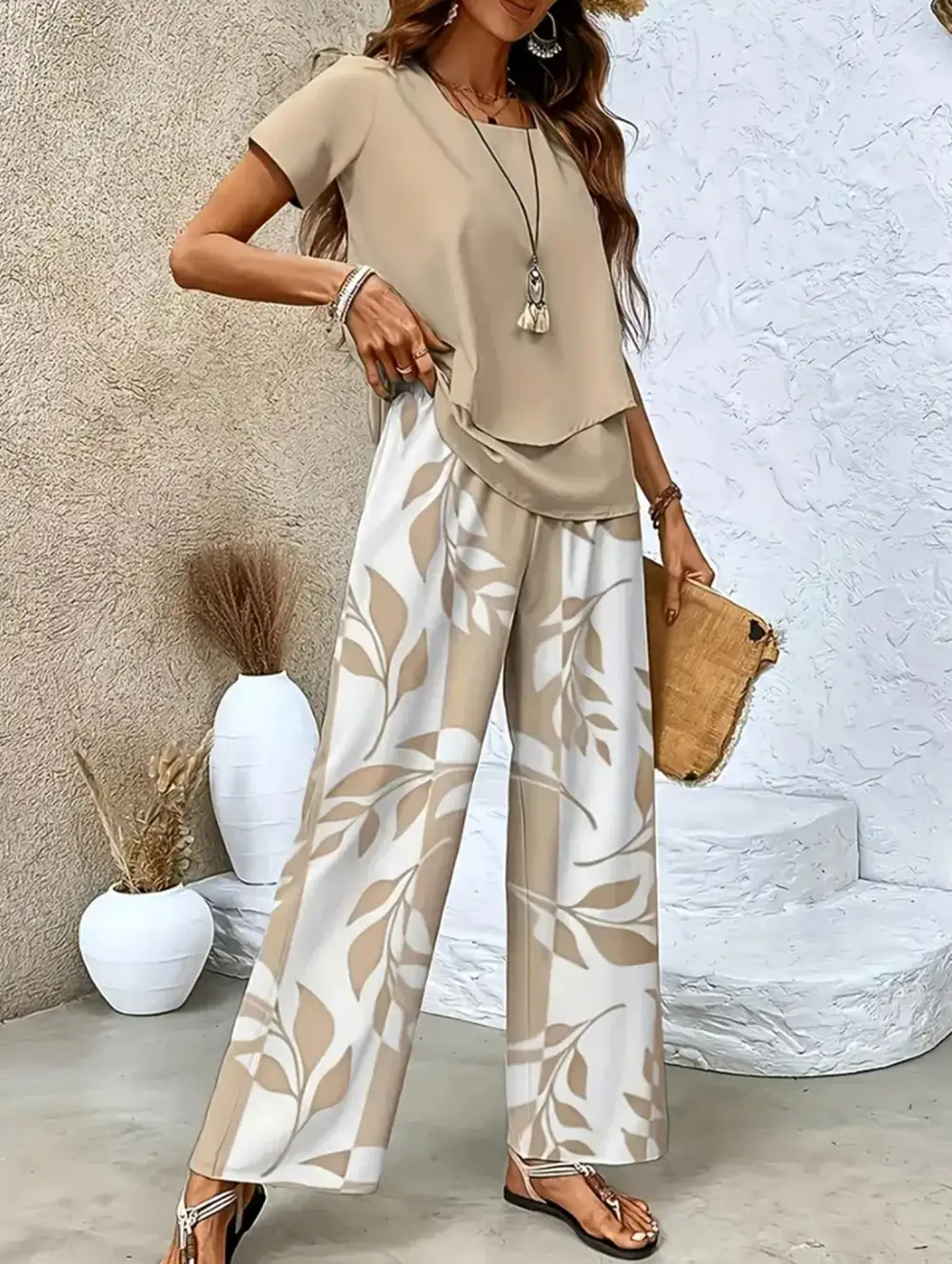Print Top Wide-Leg Pants Set