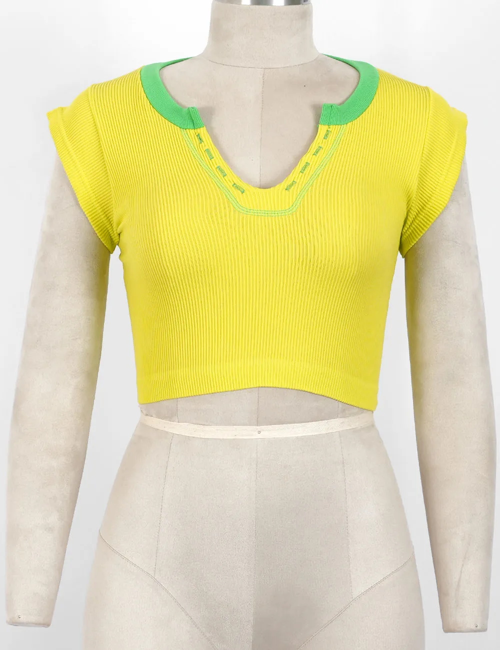 Casual Ribbed Color Block Short Sleeves Crop Top