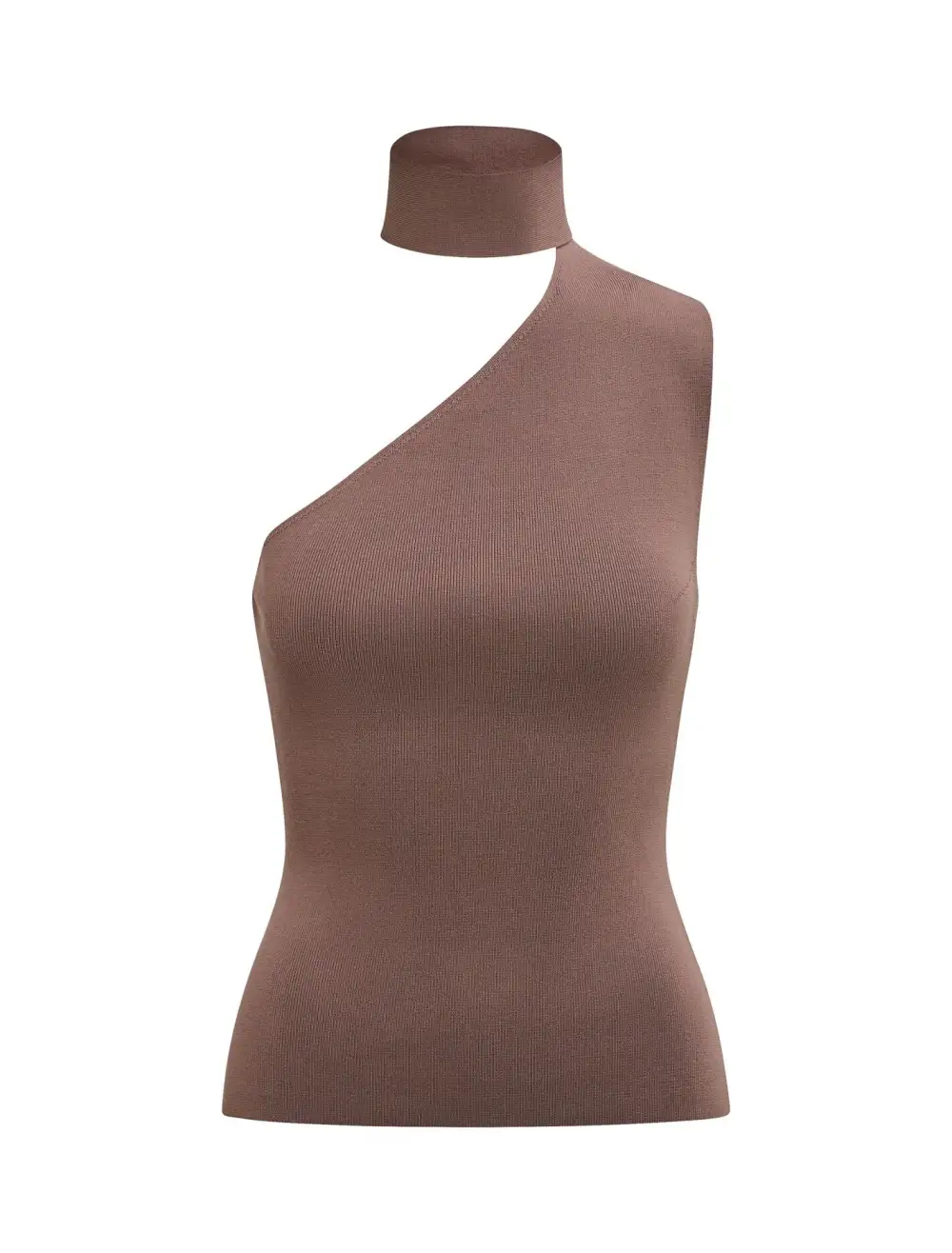 Brown Ribbed Knit One-Shoulder Scarf Top