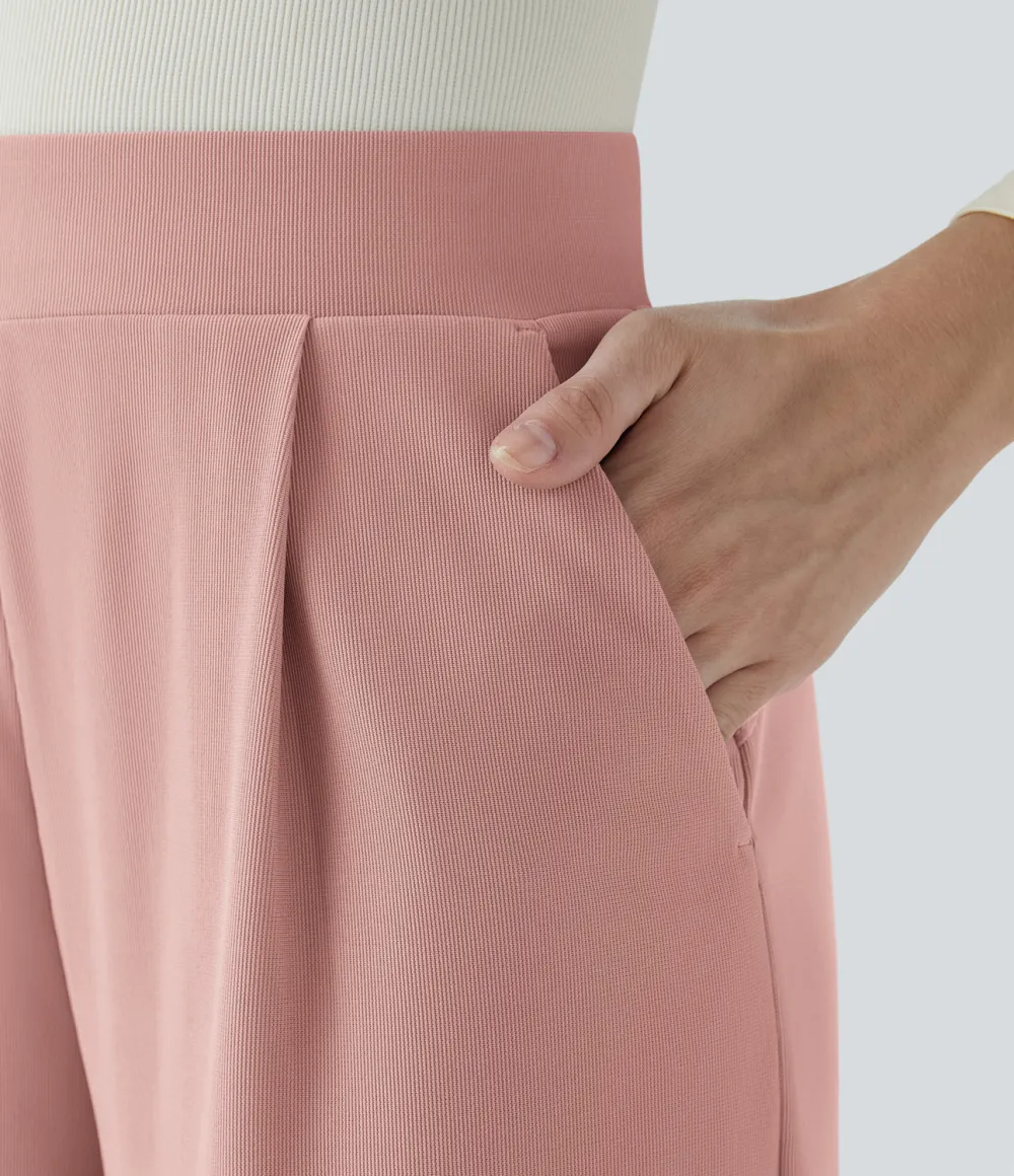  High Waisted Body Sculpt Waist-Slimming Side Pocket Wide Leg Micro Waffle Work Pants