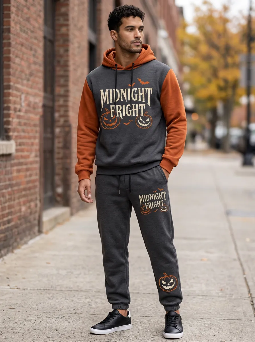 Men's Halloween Midnight Fright Pumpkin Bat Printed Tracksuit