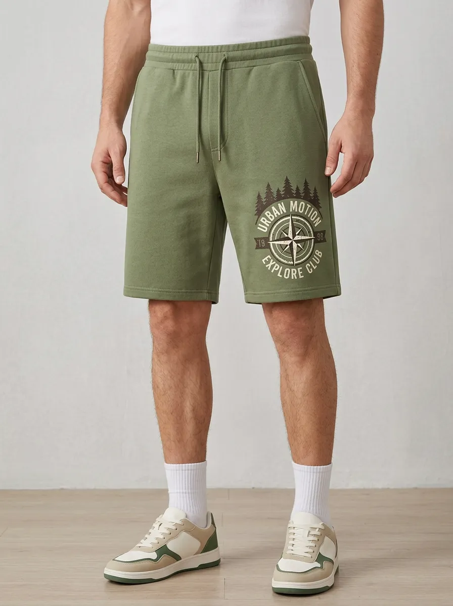 Men's Compass Forest Drawstring Elastic-Waist Printed Sweat Shorts