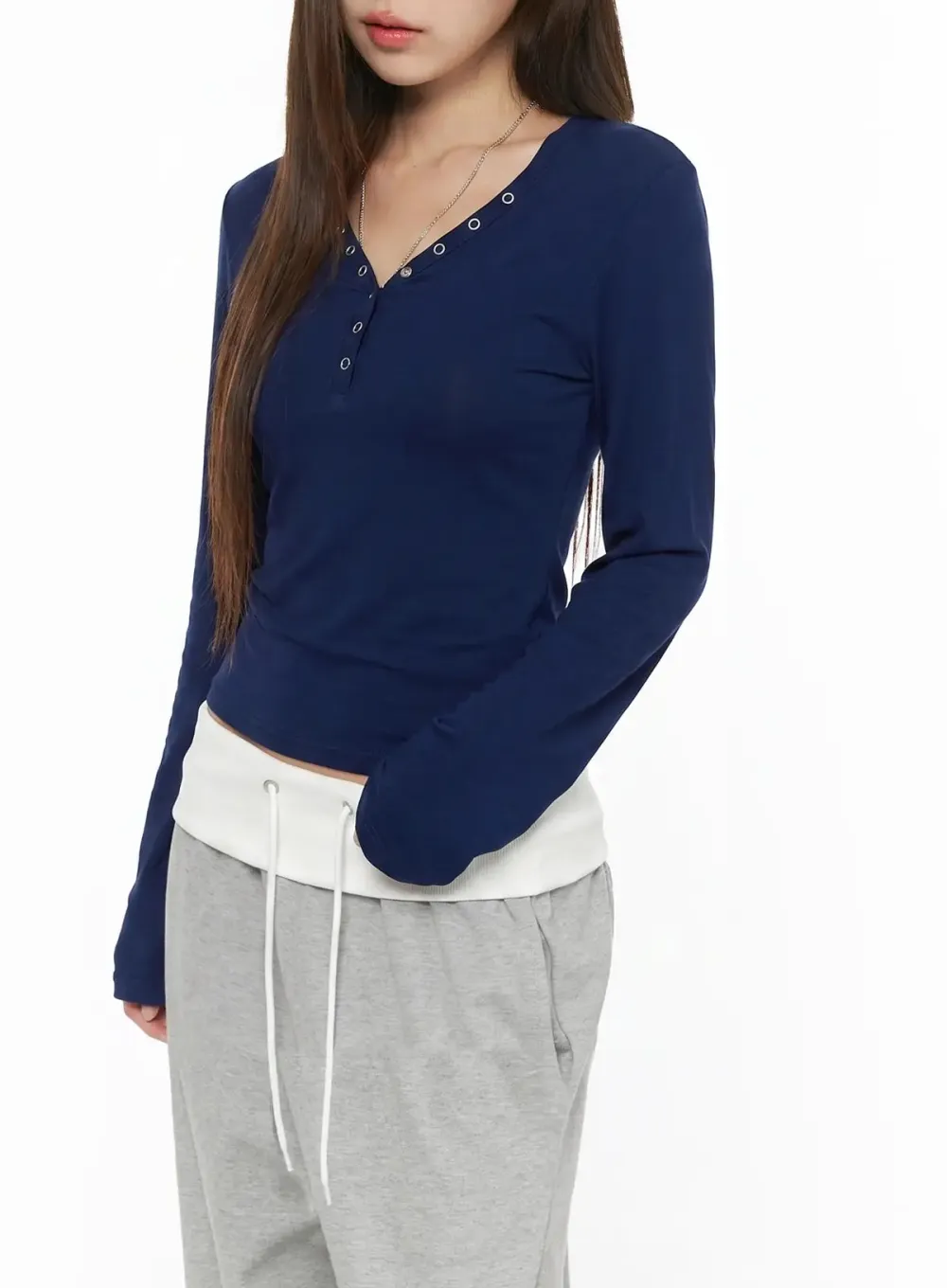 Eyelet Henley V-Neck Long Sleeve Tee