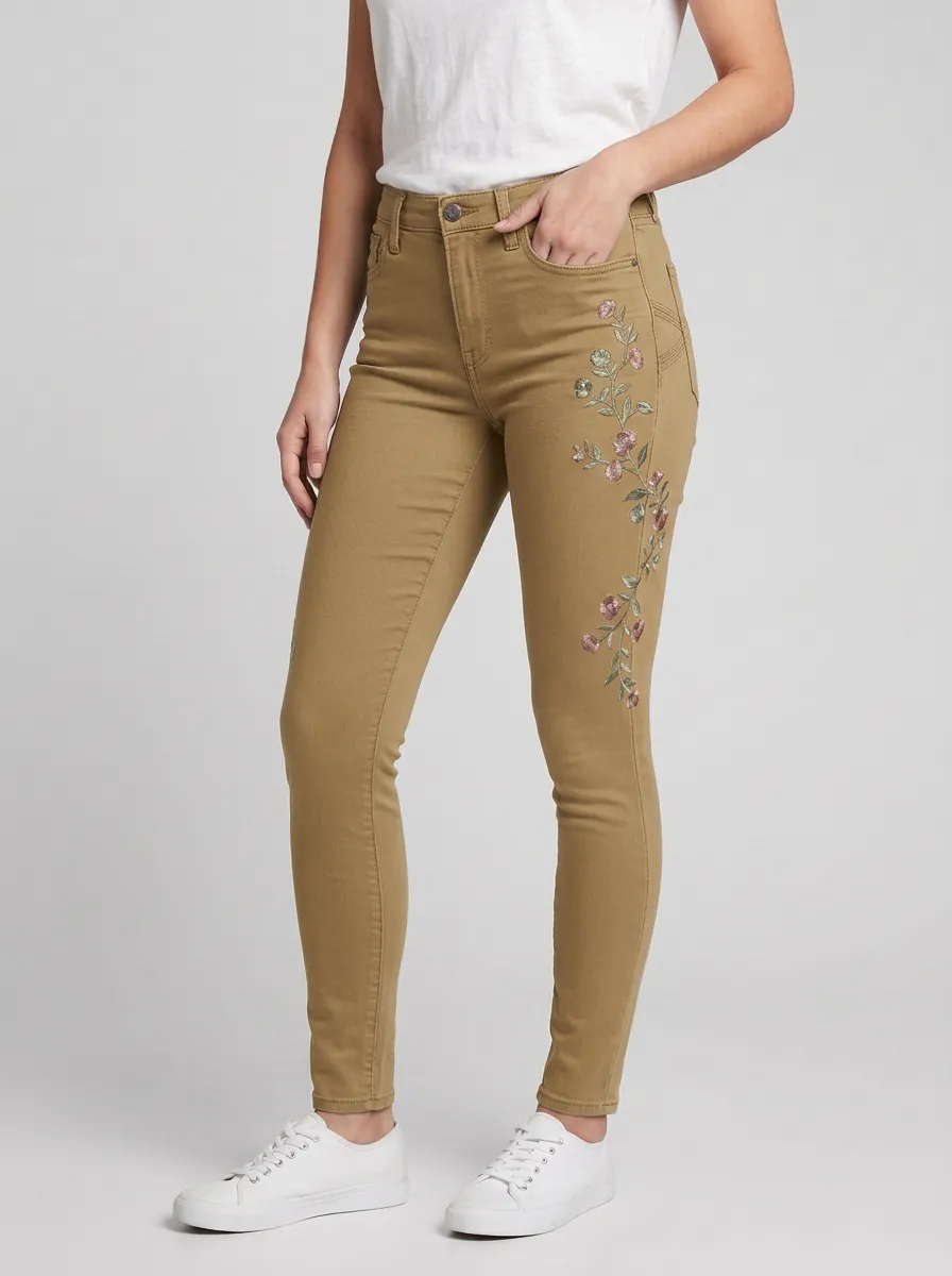 Women's Ridge Floral Vintage Rose Embroidered Printed Slim Jeans