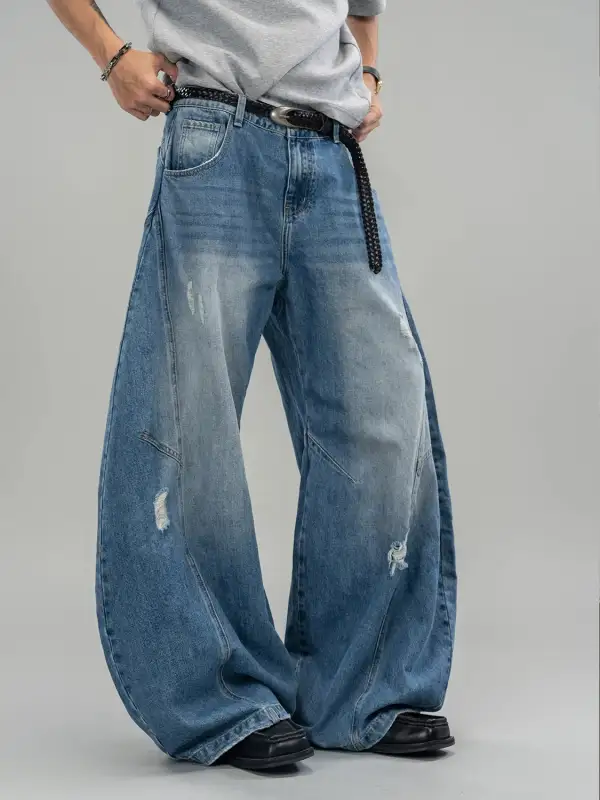 Ultra-Wide Distressed Washed Jeans