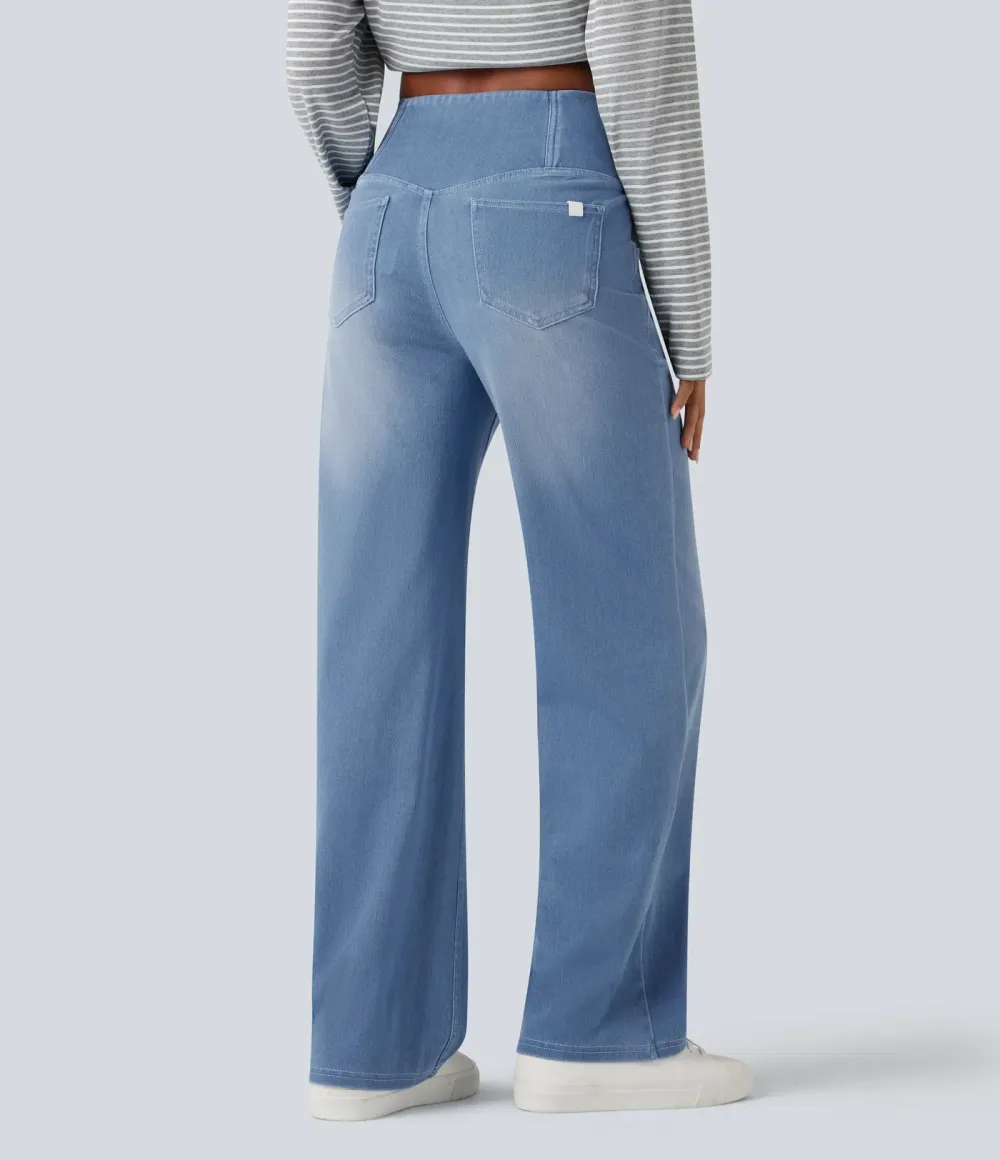 High-waisted, relaxed, crossover straight-leg jeans with  pockets