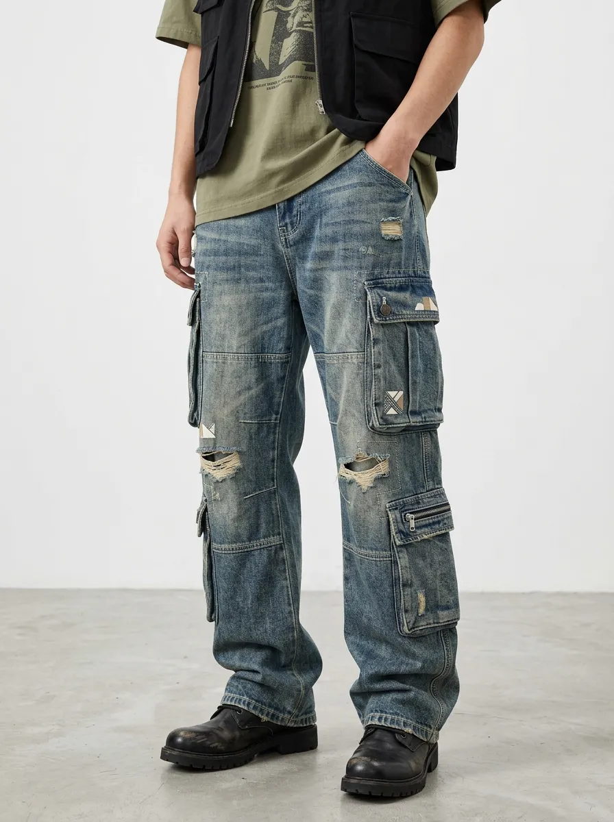 Men's Atlas Streetwear Distressed Denim Multi-Pocket Cargo Jeans