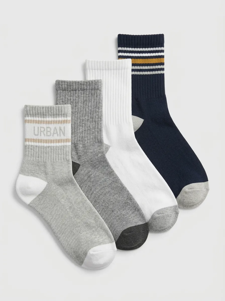 Cross Motif Striped Heathered Texture Ribbed Texture Men's Crew Socks Four-Pair Pack