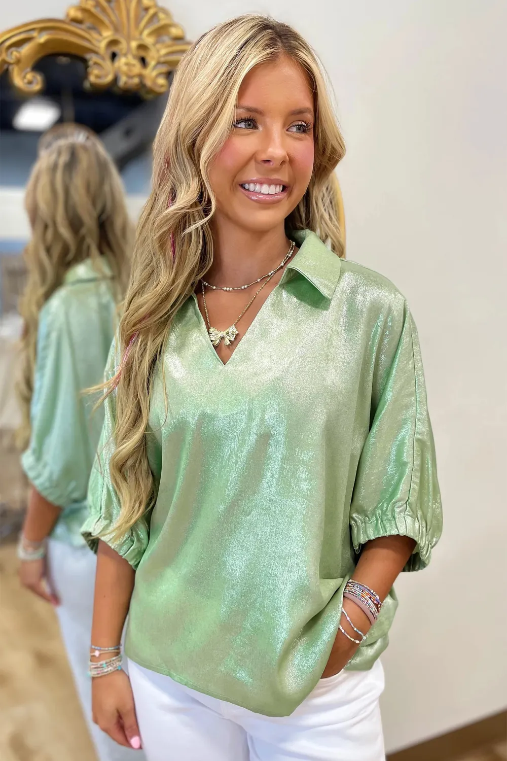 Aqua Collared V Neck Top