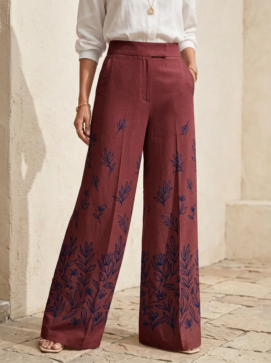 Women's Botanical Floral Blue Ink Patterned High-Waisted Wide-Leg Pants