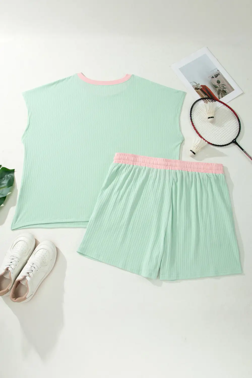 Women's Ribbed Color Block Trim Drawstring Shorts Two Piece Set