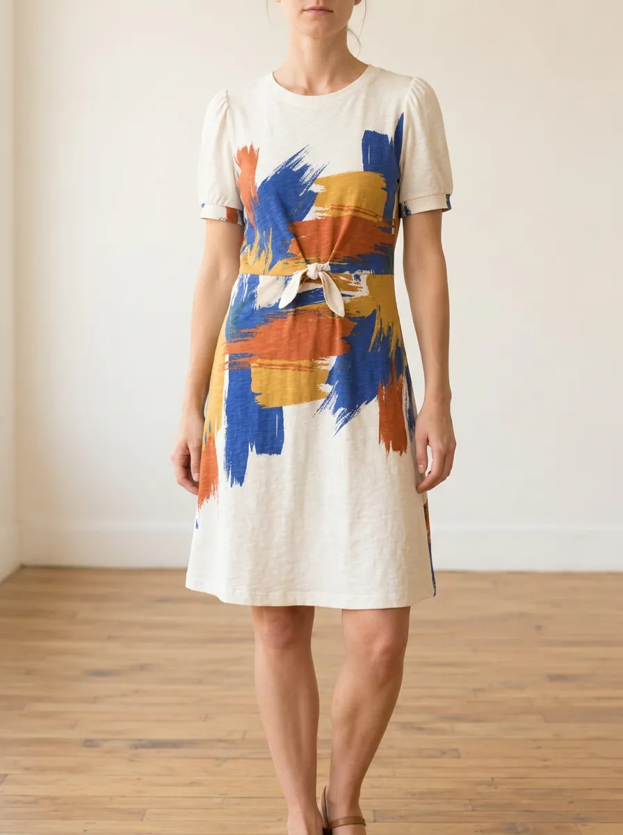 Women's Abstract Art Brushstroke Printed Tie-Waist Dress