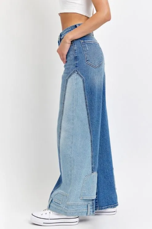 Two Tone High Rise Wide Leg Jeans